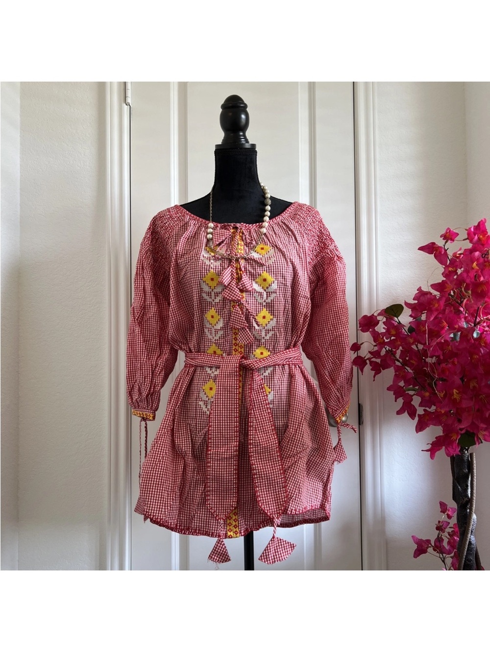 Innika choo Red Gingham Mini Dress with Yellow Floral Embroidery (item A54)